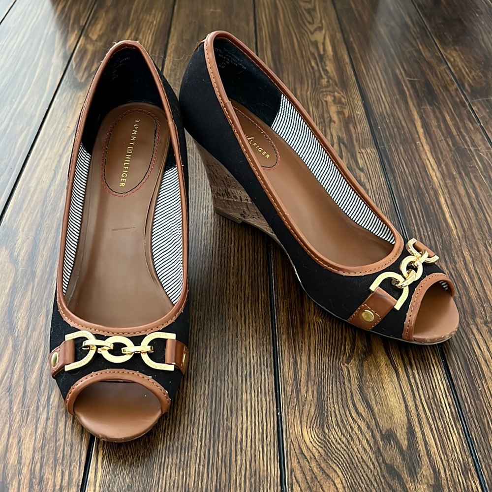 Tommy Hilfiger black open toe wedge heel